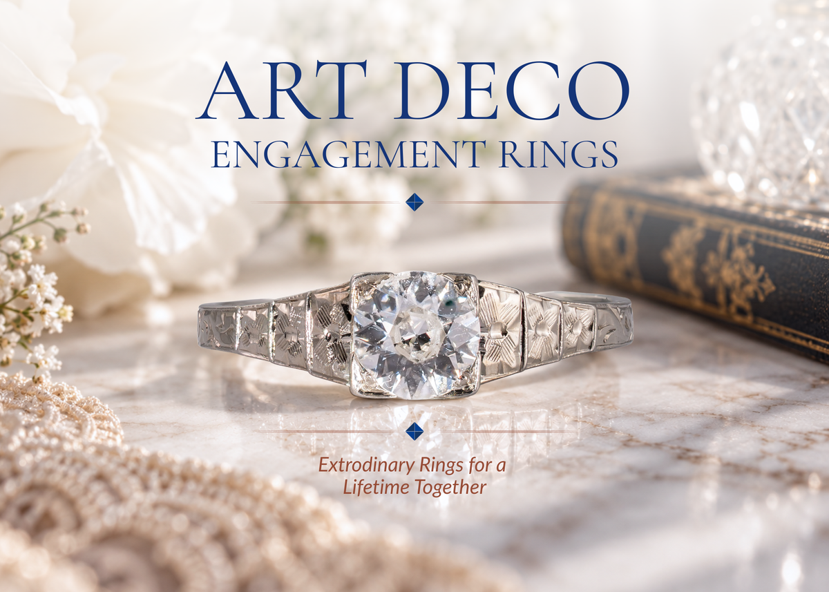 Antique 1920s Art Deco diamond engagement ring with geometric stepped shoulders and hand engraving on marble surface.