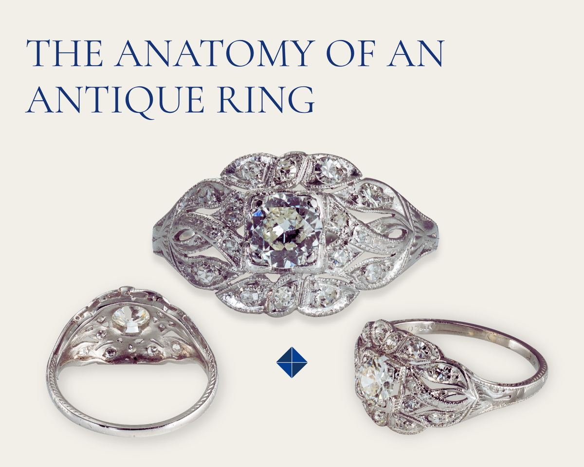 The Anatomy of an Antique Ring: Face, profile, and undergallery views of an antique diamond plaque ring with pierced filigree and milgrain details