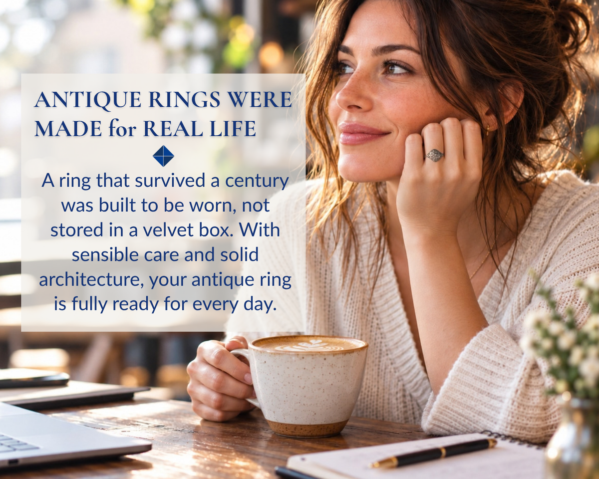 Woman at a cafe wearing an antique Edwardian diamond filigree ring for everyday wear