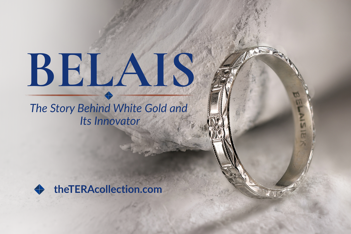Antique Belais 18K white gold floral and geometric engraved wedding band showing interior maker hallmark stamp