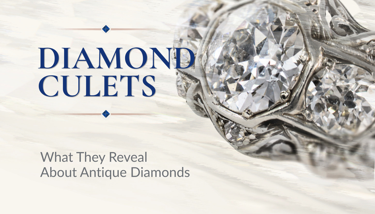 Antique 19k diamond ring featuring an Old European cut diamond with a visible open culet and text reading Diamond Culets: What They Reveal About Antique Diamonds.