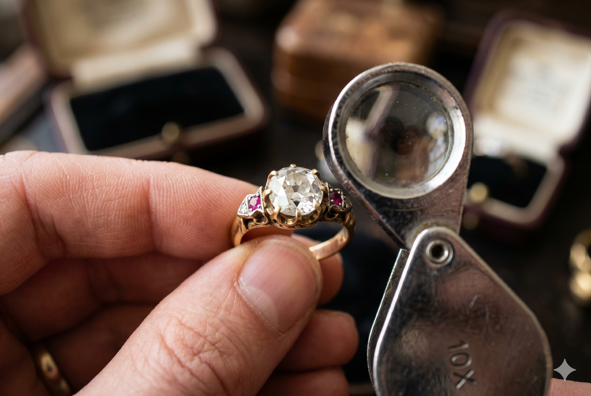 Antique Old Cut European Diamond and Ruby Ring viewed by a modern collector