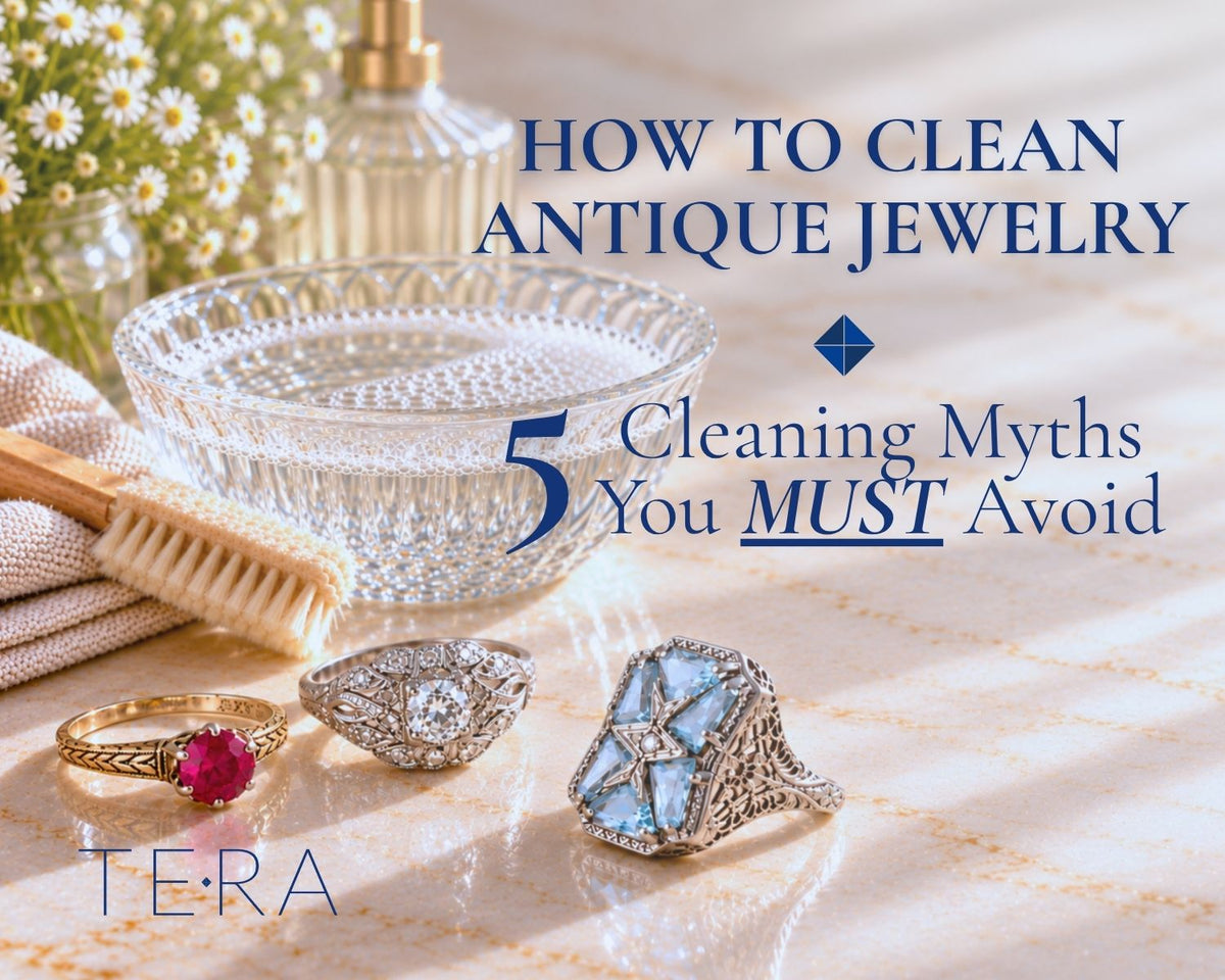 Antique rings, cleaning bowl, and soft brush with text "How to Clean Antique Jewelry: 5 Cleaning Myths You MUST Avoid"