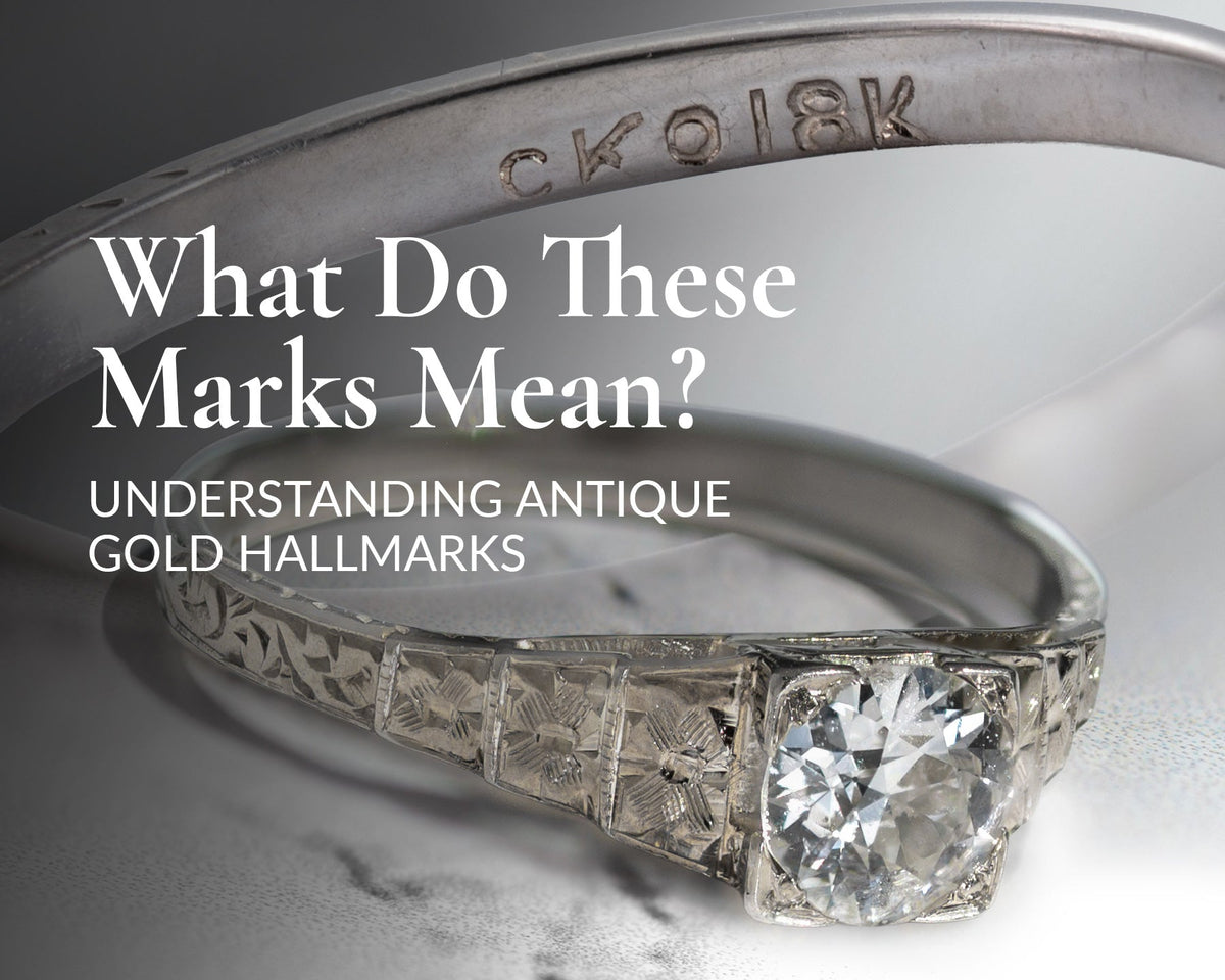 Close-up of an antique diamond engagement ring showing engraved shank details alongside an inset macro view of 18K gold purity and maker's hallmarks stamped inside the band