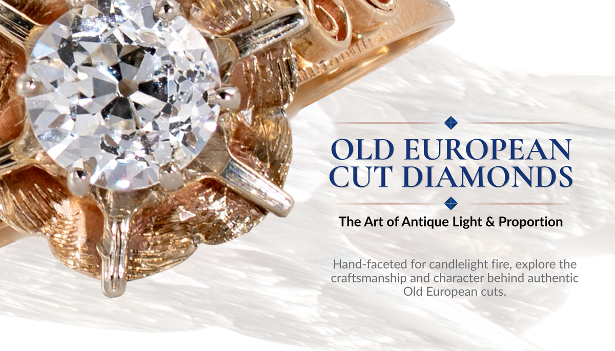 Antique Old European cut diamond ring in textured gold setting with open culet and high crown