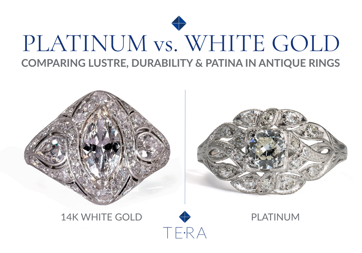 Side-by-side comparison guide graphic of antique rings featuring a 14K white gold marquise diamond ring on the left and an antique platinum Old European cut diamond ring on the right by TERA.