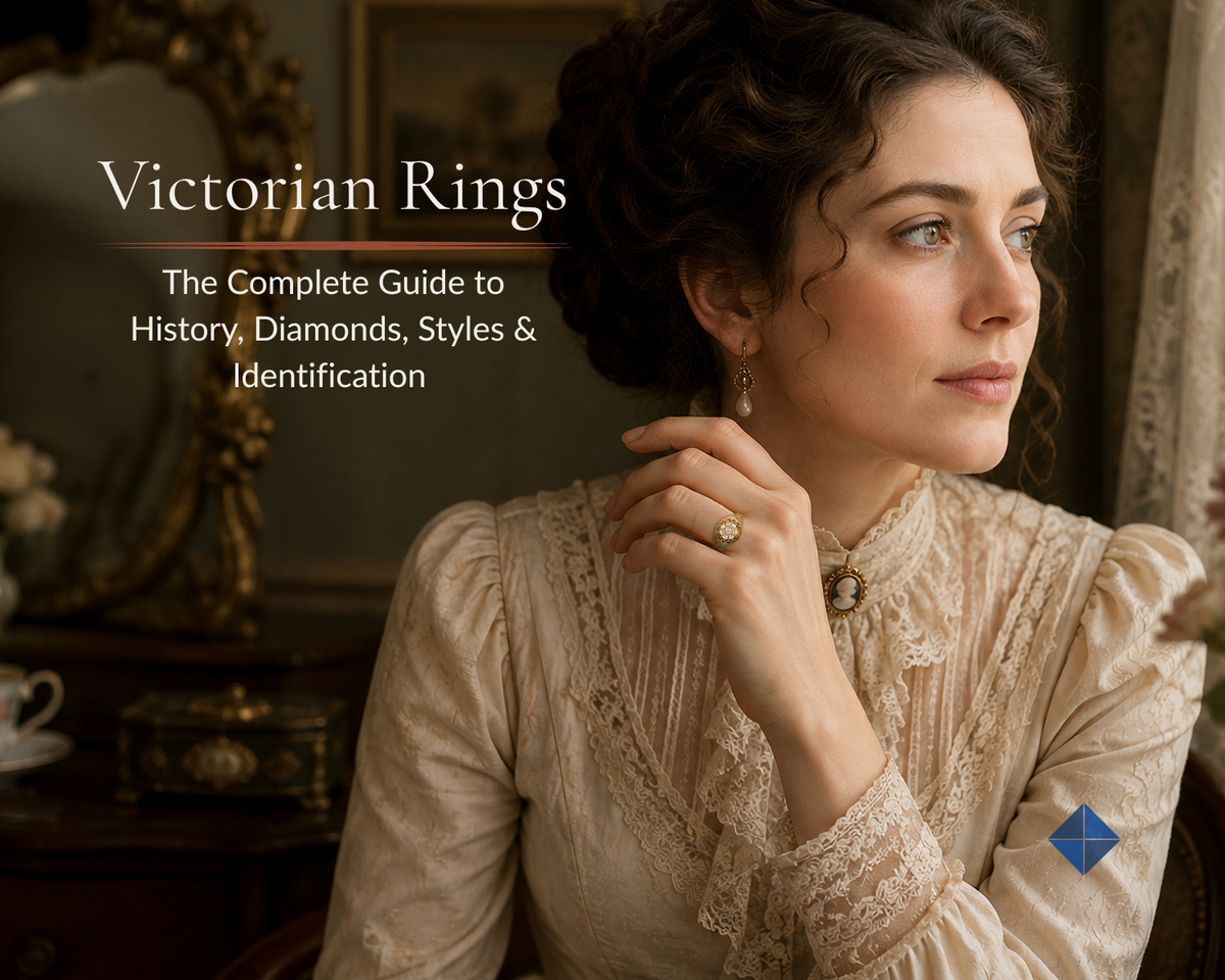 Victorian Rings: The Complete Guide to History, Diamonds, Styles & Identification – Woman wearing antique Victorian ring, lace dress, and cameo pendant in a vintage setting