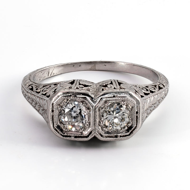 Art Deco Platinum Toi et Moi Diamond Ring with Unusual Shamrock Motif