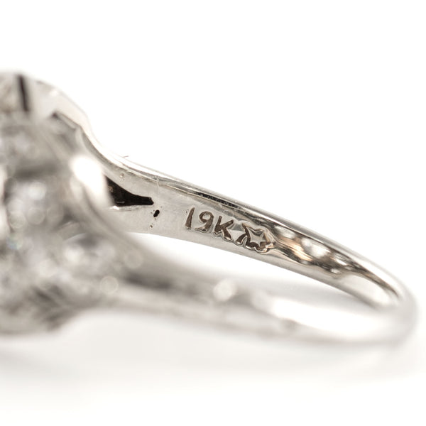 Interior hallmark detail showing 19K gold mark inside an antique Art Deco diamond ring