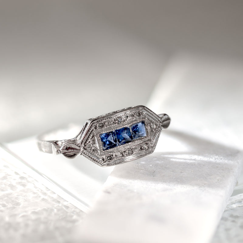 Art Deco Palladium Sapphire & Diamond Ring