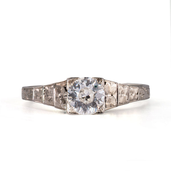 Straight-on view of an antique Art Deco Cummins-Kremer (CKO) Old European Cut diamond ring in 18K white gold.