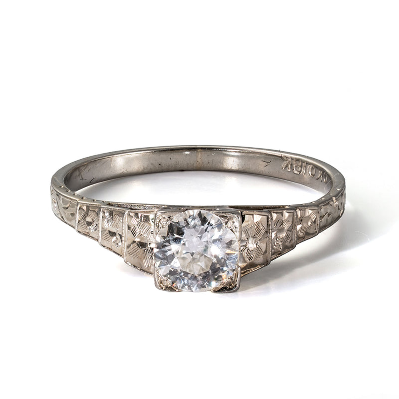 Front elevated view of an antique Art Deco Cummins-Kremer (CKO) Old European Cut diamond ring in solid 18K white gold.