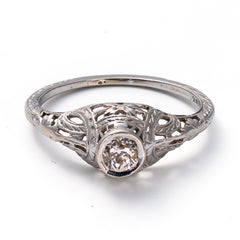 1920s Art Deco Platinum Three-Stone Ring with Old European Cut Diamond Open Culets