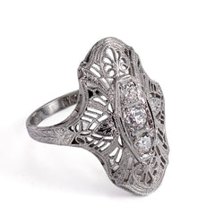 1920s Art Deco Platinum Three-Stone Ring with Old European Cut Diamond Open Culets