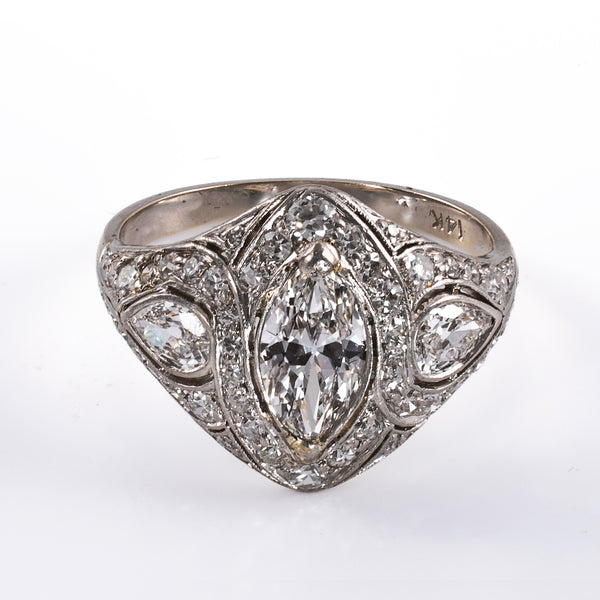 Direct overhead view of an antique Art Deco 1.90 ctw diamond navette ring in 14K white gold