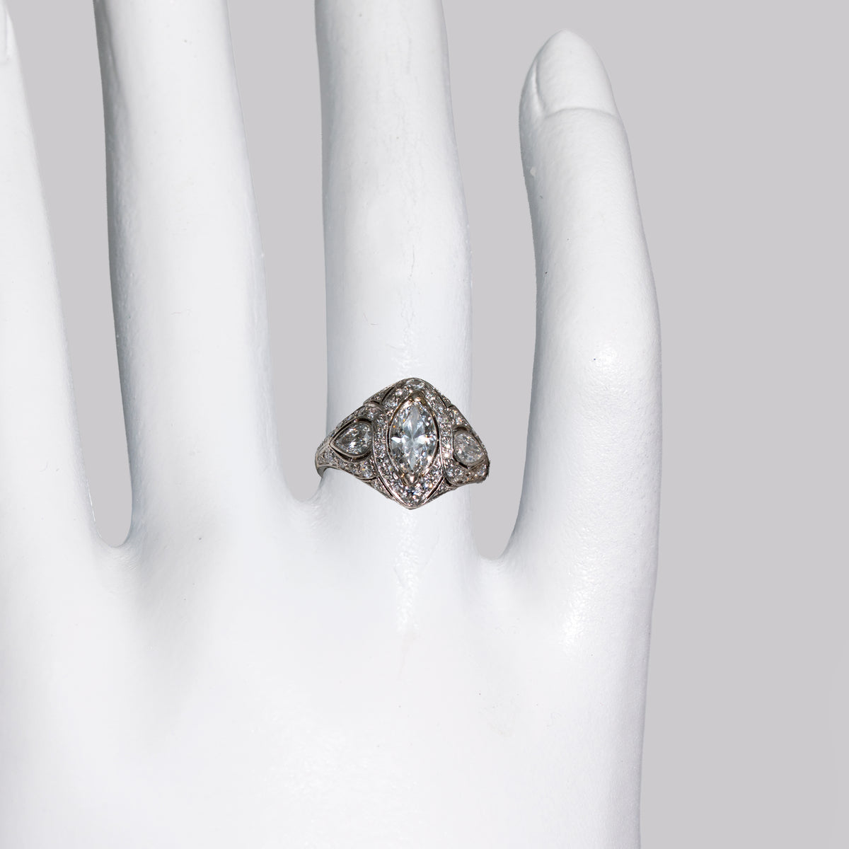 Antique Art Deco with Belle Epoque influence featuring 51 old cut diamonds  on the hand
