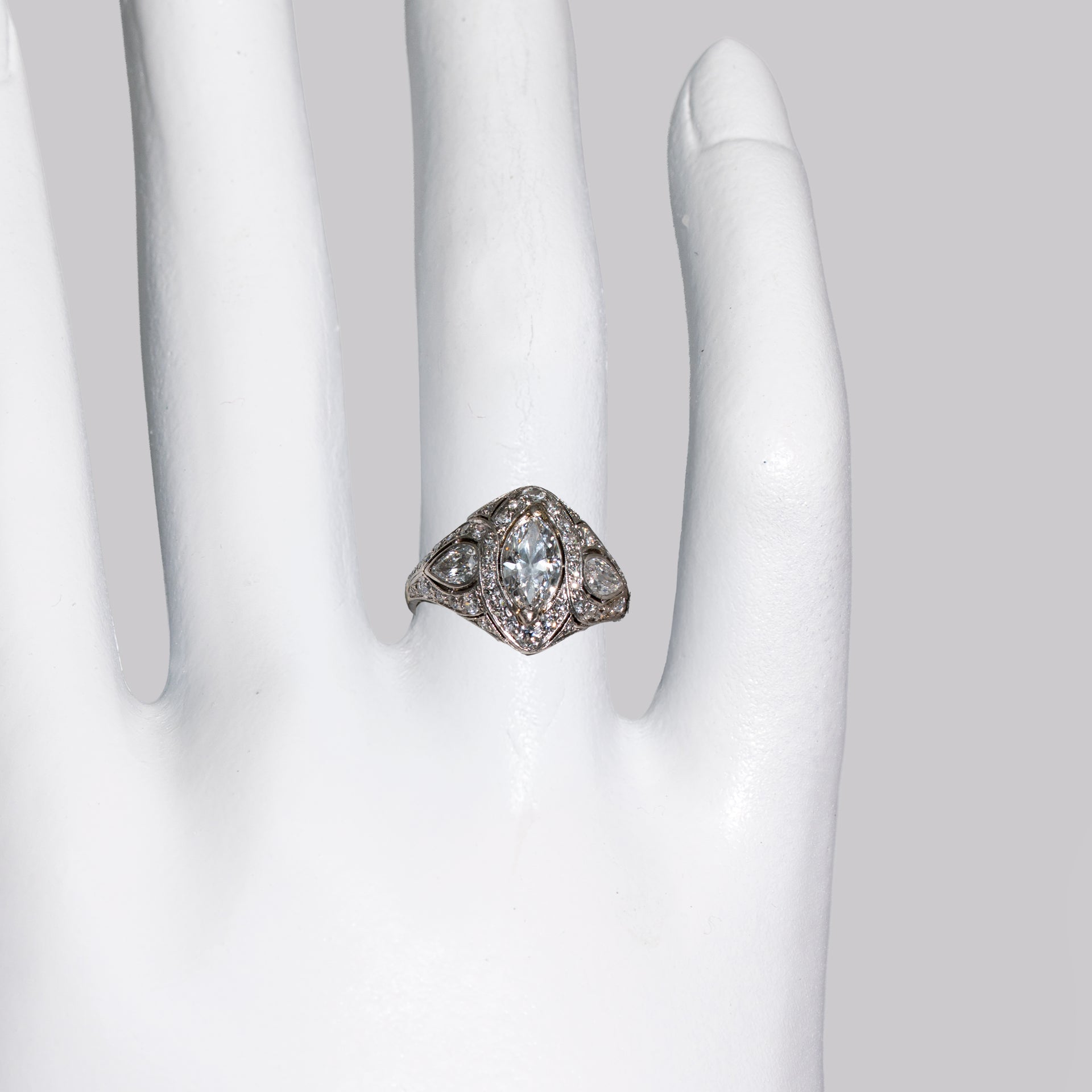 Antique Art Deco with Belle Epoque influence featuring 51 old cut diamonds  on the hand
