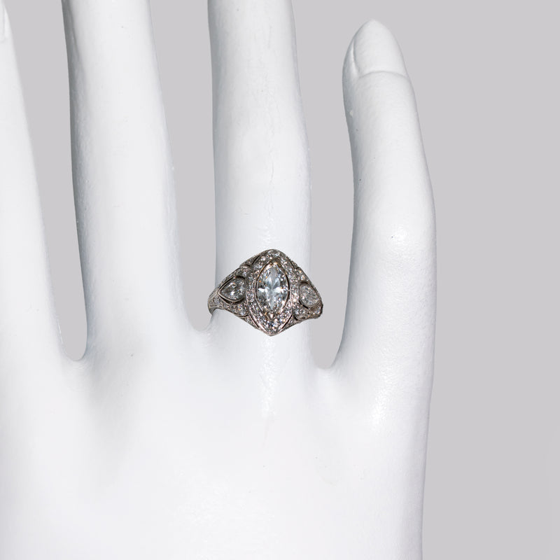 Antique Art Deco with Belle Epoque influence featuring 51 old cut diamonds  on the hand

