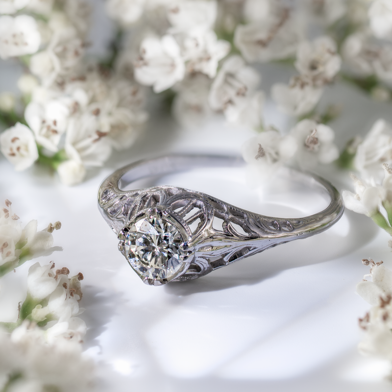 Vintage Art Deco diamond ring featuring an Old European Cut diamond in 18K white gold