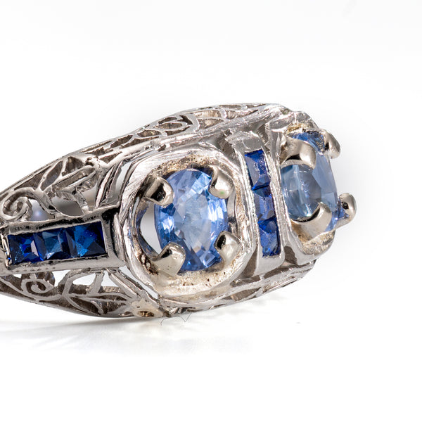 Close up of the sapphires and filigree work of thisAntique 18k ring.
