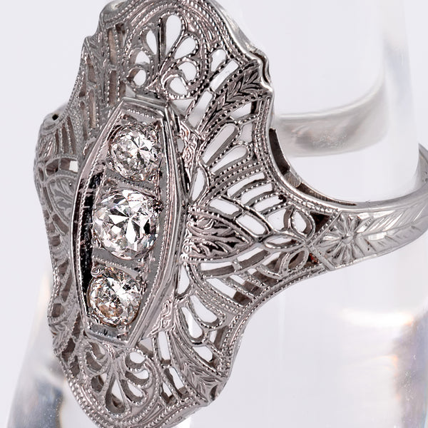 Macro angle of three vertical transitional cut diamonds in milgrain filigree setting.