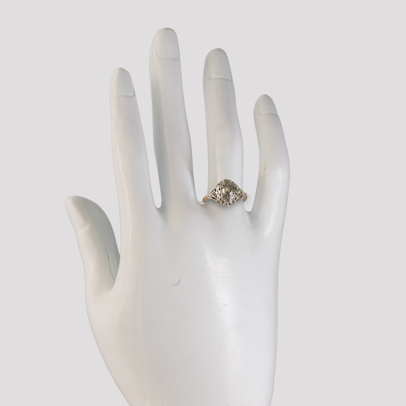 Antique Edwardian rose-cut diamond silver-topped ring worn on hand mannequin for size and scale reference