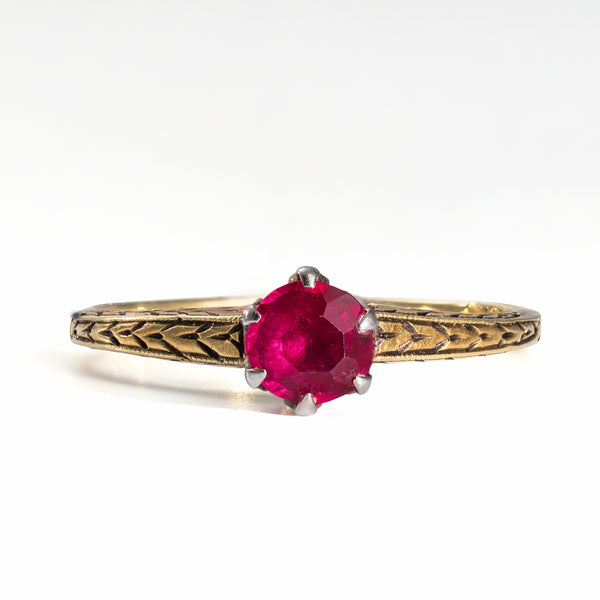 Antique Edwardain Natural Ruby Ring in 14k two tone gold. circa 1910-1920