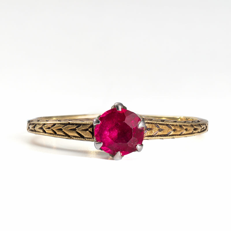 Antique Edwardain Natural Ruby Ring in 14k two tone gold. circa 1910-1920