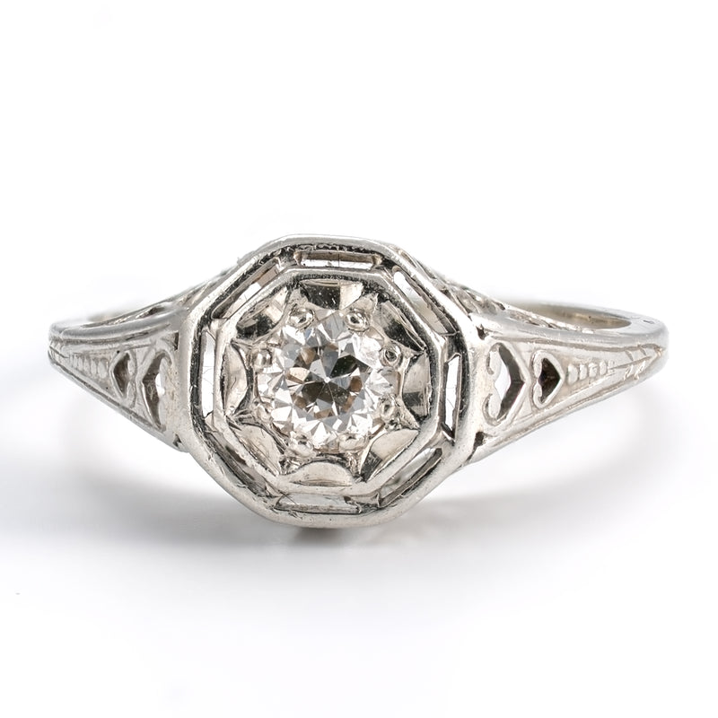 Antique Belais 18K White Gold Old European Cut Diamond Filigree Ring