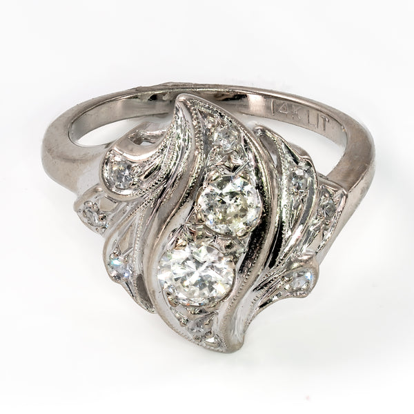 front-elevated-view-retro-two-stone-diamond-bypass-ring-milgrain-detailing