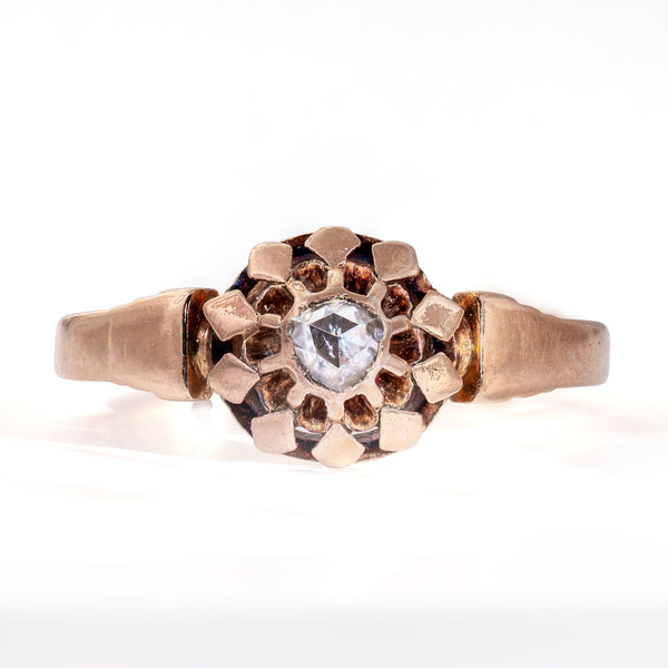 Straight-on view of an authentic French rose cut diamond solitaire dating to circa 1840–1855