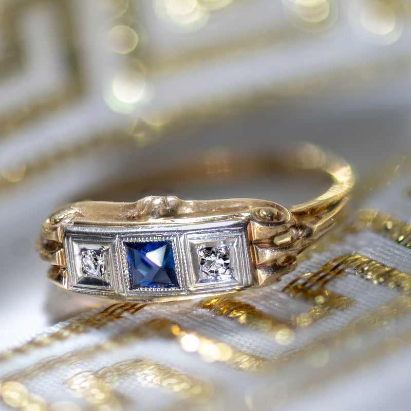 Late Edwardian Sapphire & Diamond Three Stone Ring in Two-Tone 14K Gold
