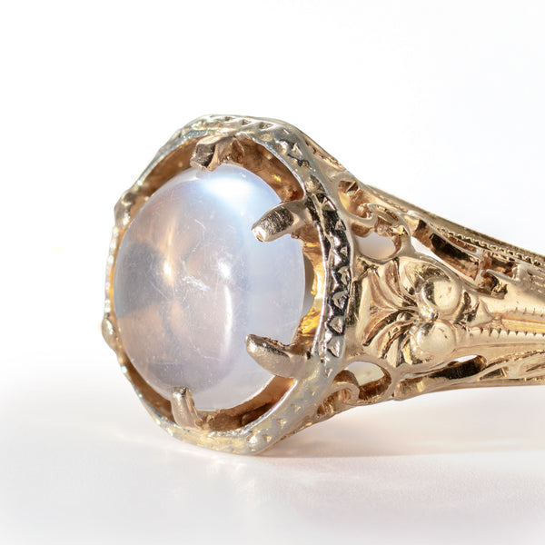 Close-up of the moonstone displaying its characteristic floating blue-white sheen