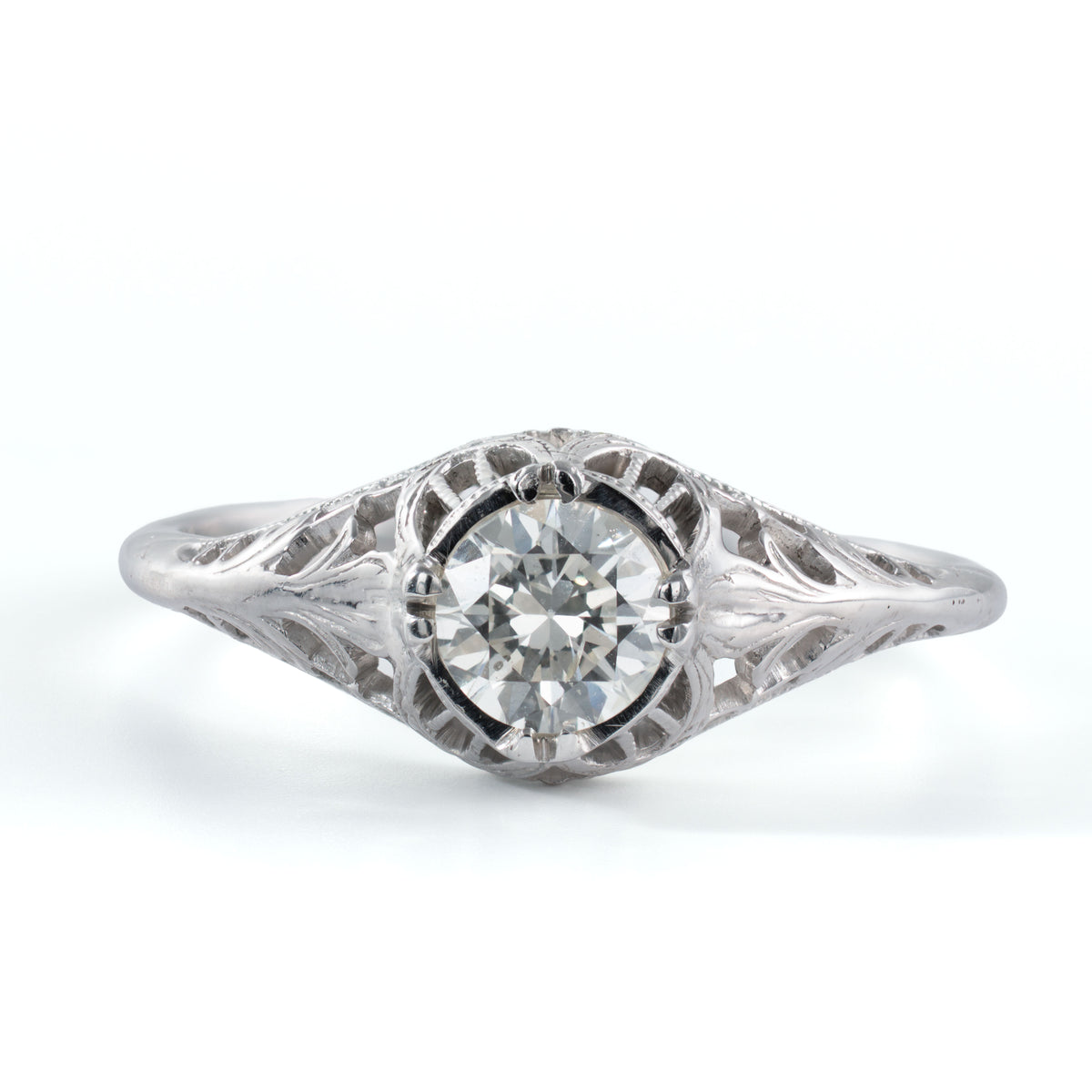 Front view of an Art Deco filigree ring with approximately 0.53 carat Old European Cut diamond