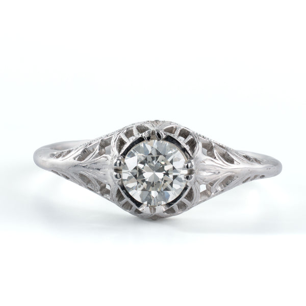 Front view of an Art Deco filigree ring with approximately 0.53 carat Old European Cut diamond
