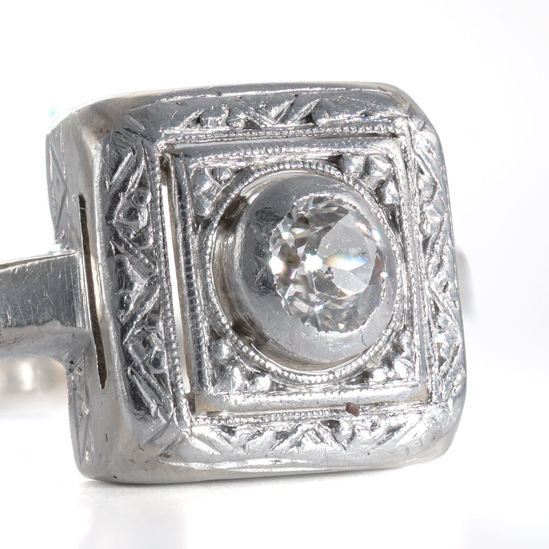 Close detail of the Old European cut diamond showing antique facet pattern