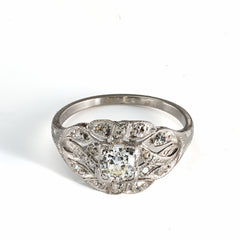 Antique diamond filigree plaque ring showing multi-angle views of face, undergallery azures, and engraved shank