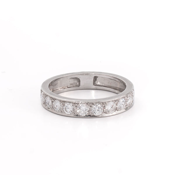 Elevated front view of a finely crafted diamond anniversary band with vivid sparkle