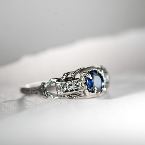 Platinum Sapphire Ring with 6 accent diamonds