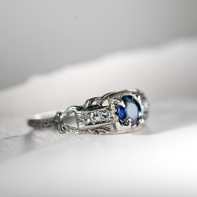 Platinum Sapphire Ring with 6 accent diamonds