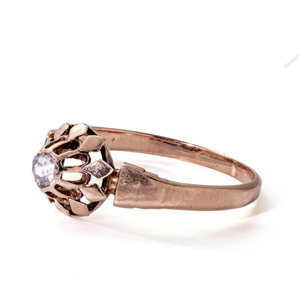 Right profile of an authentic French rose cut diamond solitaire displaying its elegant handcrafted proportions