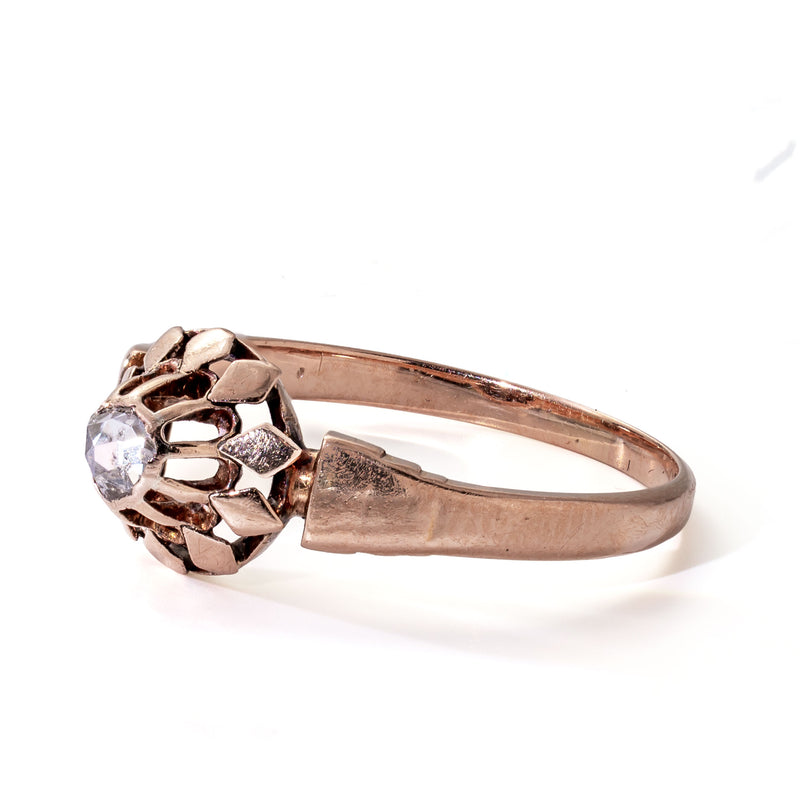 Right profile of an authentic French rose cut diamond solitaire displaying its elegant handcrafted proportions