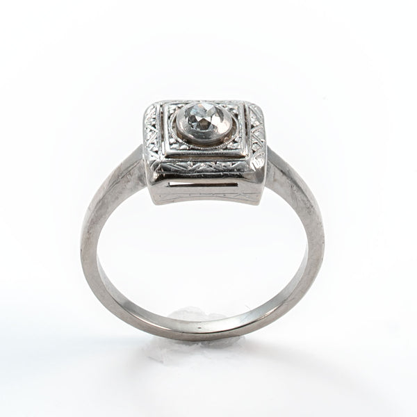Top view of an Art Deco shield form Old European cut diamond ring