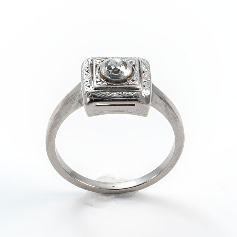 Top view of an Art Deco shield form Old European cut diamond ring