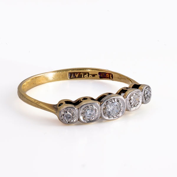 Opposite side-angle view of Edwardian OEC diamond ring highlighting the seamless join between platinum setting head and 18ct gold band.