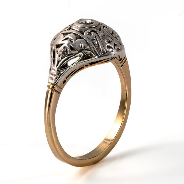 Vertical profile view of antique Edwardian ring showing 6.4mm height above finger and under-gallery architecture
