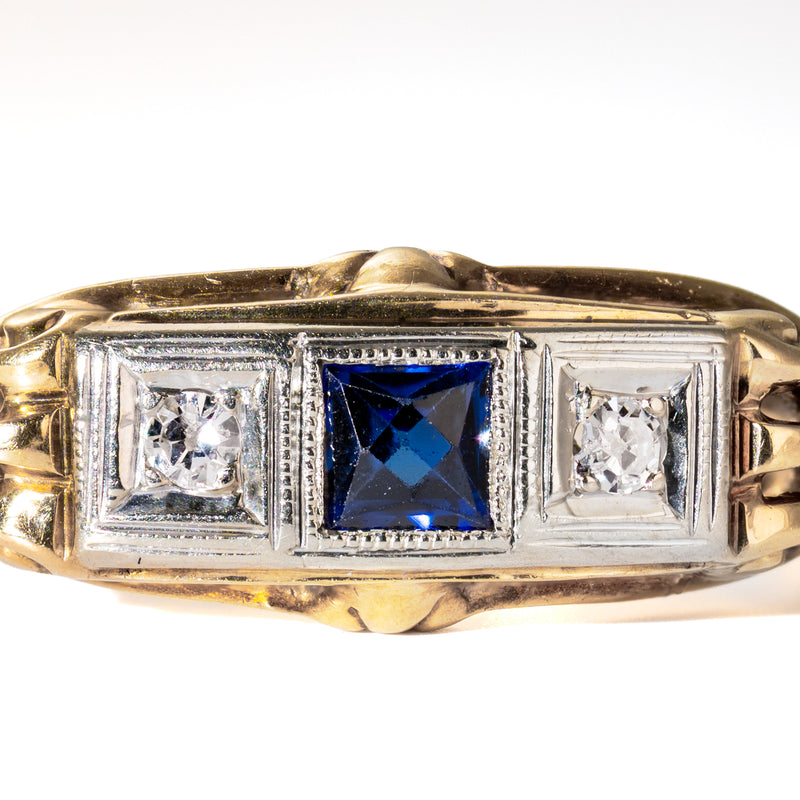 Late Edwardian Sapphire & Diamond Three Stone Ring in Two-Tone 14K Gold