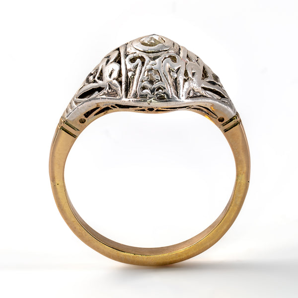 Vertical profile view of antique Edwardian ring showing 6.4mm height above finger and under-gallery architecture