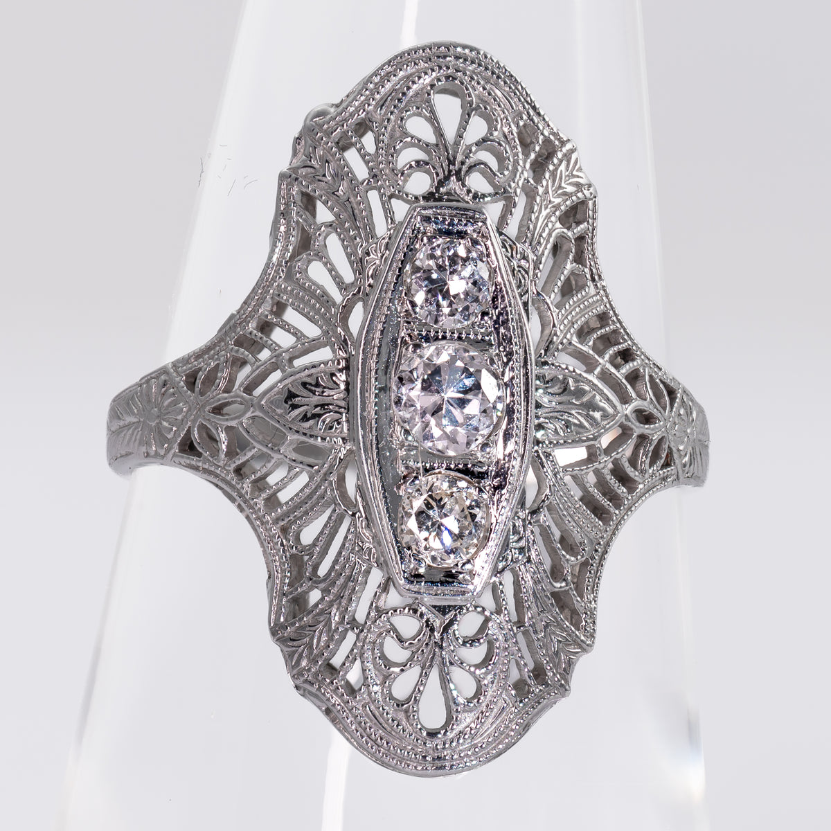 Authentic 1920s Art Deco Three-Stone Diamond Filigree Navette Ring in 18K White Gold