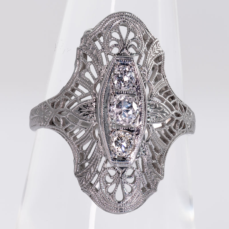 Authentic 1920s Art Deco Three-Stone Diamond Filigree Navette Ring in 18K White Gold